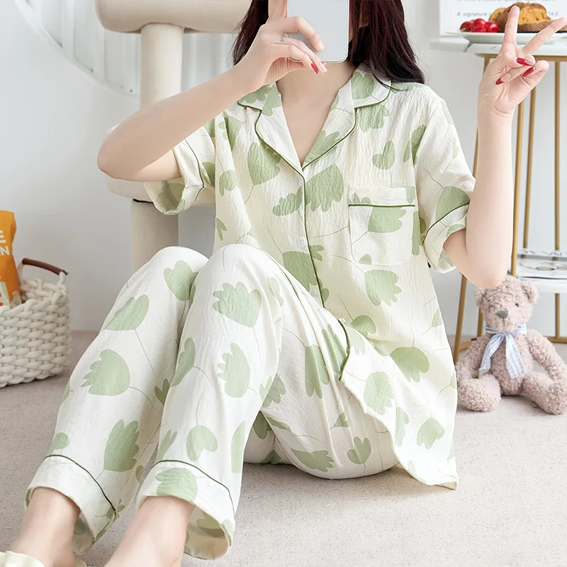 Summer Room Wear Women Pajamas Printed Sleep Lounge Short Sleeve Sleepwear Trousers Suit Cotton Ladies Nightwear Home Clothes