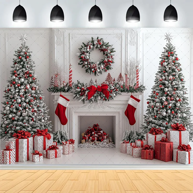 

Christmas New Year Clock Decor Backdrop Photography Vintage Xmas Trees Gifts Snow Winter Indoor Photo Studio Background RE-25