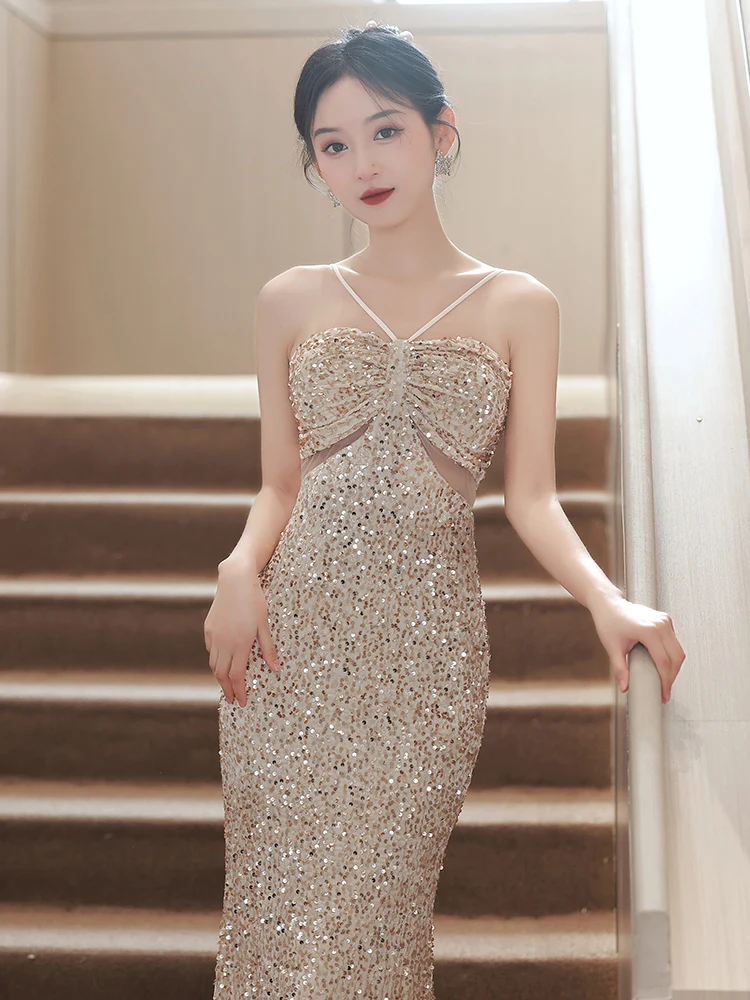 

Sexy Fi Tail Gown Women's Evening Dr Sparkling Sequins Strap mid Waist Long Skirt for Host Celebri Par Ball Gown