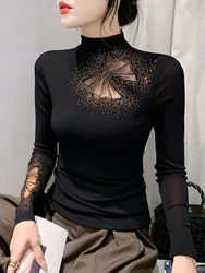 Autumn New Half Turtleneck Long Sleeve Diamond Mesh T-shirt Women's Slim Fit Base Black TShirts BH9739