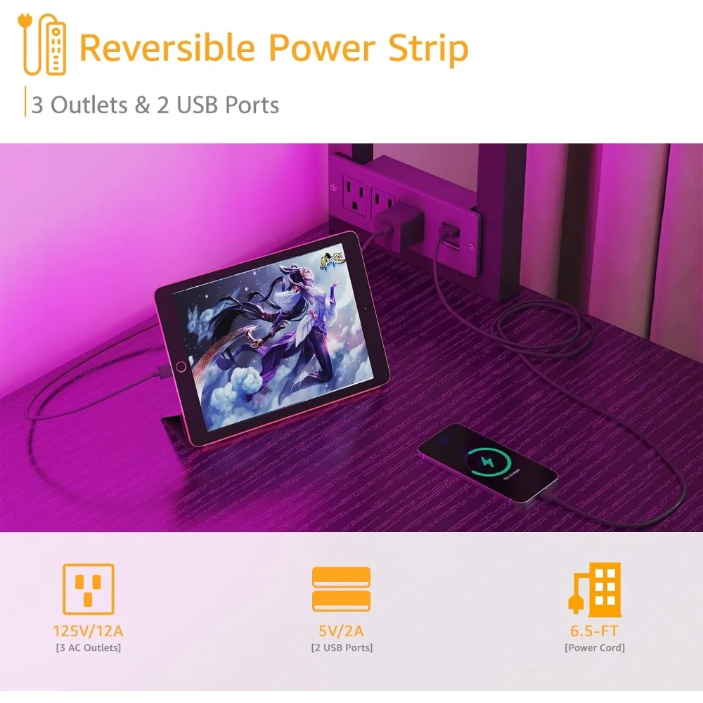 مكتب ألعاب أسود مع مساحة تخزين، وخزانة، وأرفف، وإضاءة LED، ومنافذ طاقة #4