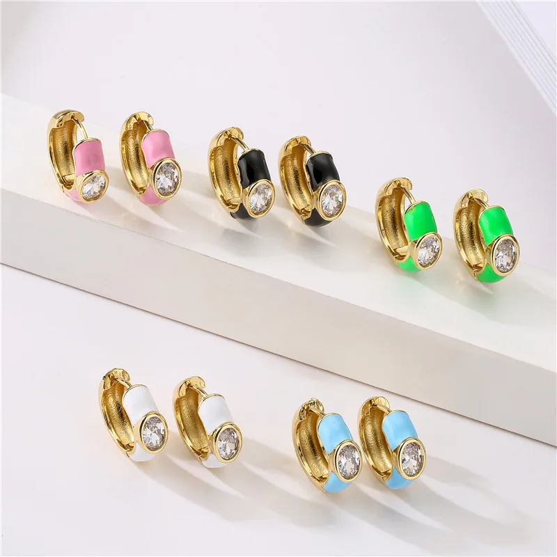 HECHENG, Small Hoop Earrings Enamel Zircon Earrings for Women, Romantic Geometric Jewelry Cooper 18kGold PlatedWholesale