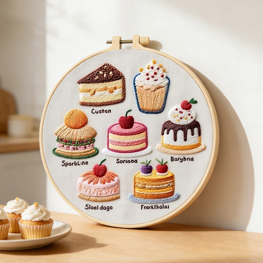 DIY-Stickerei-Set mit Kuchen- und Lebensmittelmotiven auf Leinwand, komplettes handgefertigtes Bastelset für Anfänger, Handarbeit, Heimdekoration