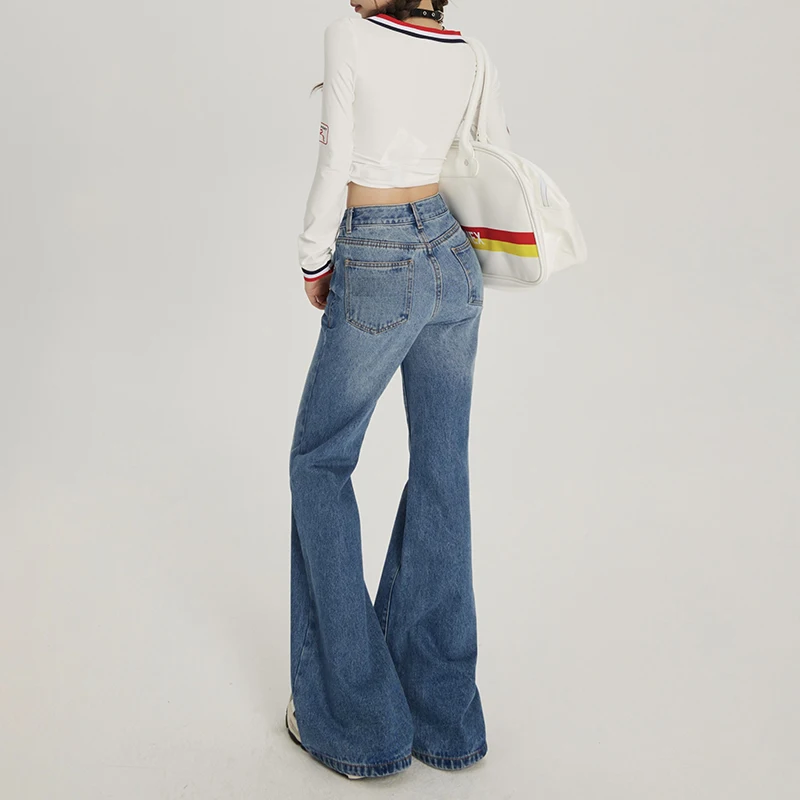 ZMAYC celana jins kaki lebar wanita, celana Denim Bell-bottoms, celana jins kaki lebar, celana ramping rendah gaya Retro, celana jins rumbai untuk wanita