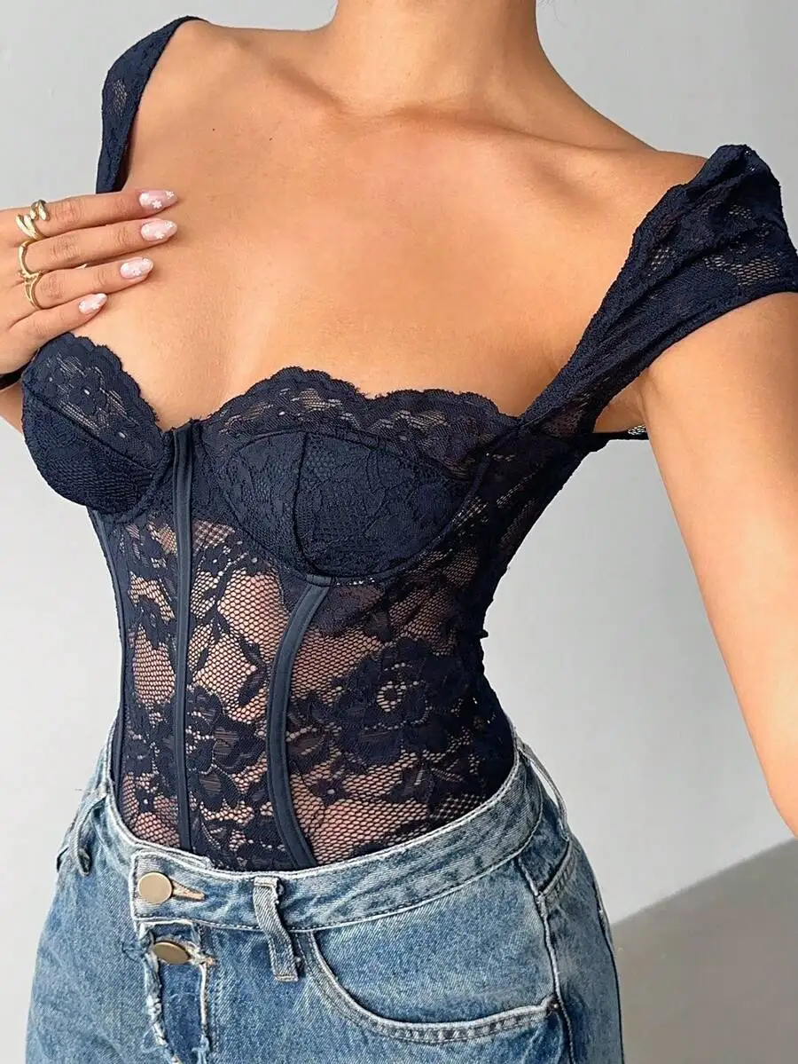 Aloruh Women's Fashionable Sexy Keyhole Neck Lace Bodysuit