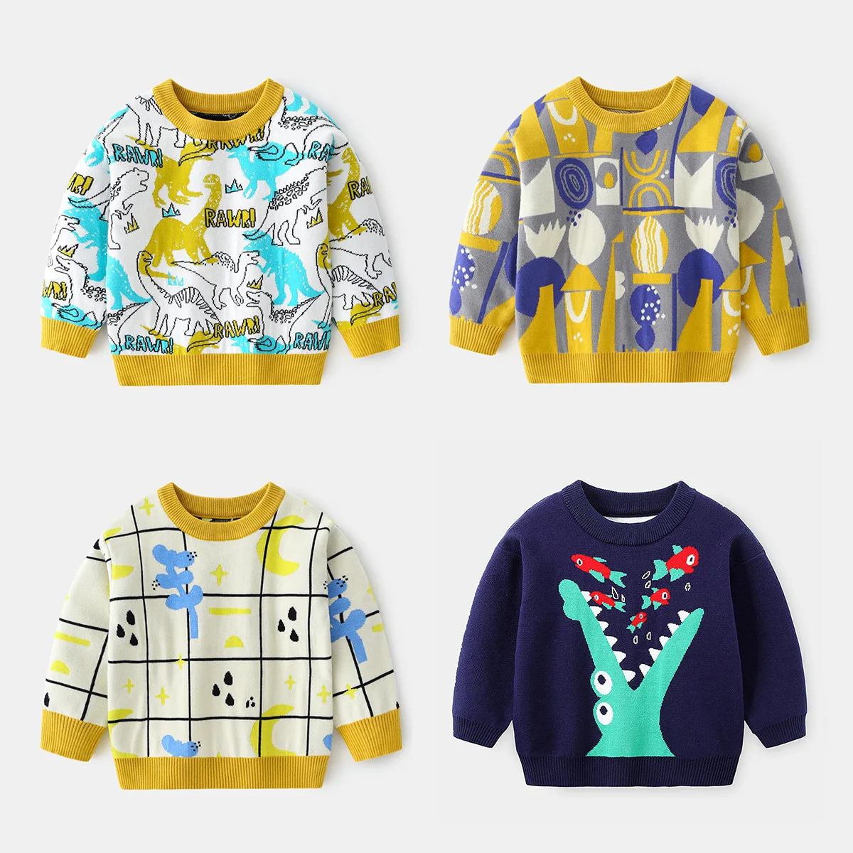 Infant Babys Boys Sweater Autumn 0-5Y Kid Boys Pullovers Catoon Dinosaur Toddler Boys Knitwear Little Boy Round Collar Plaid Top