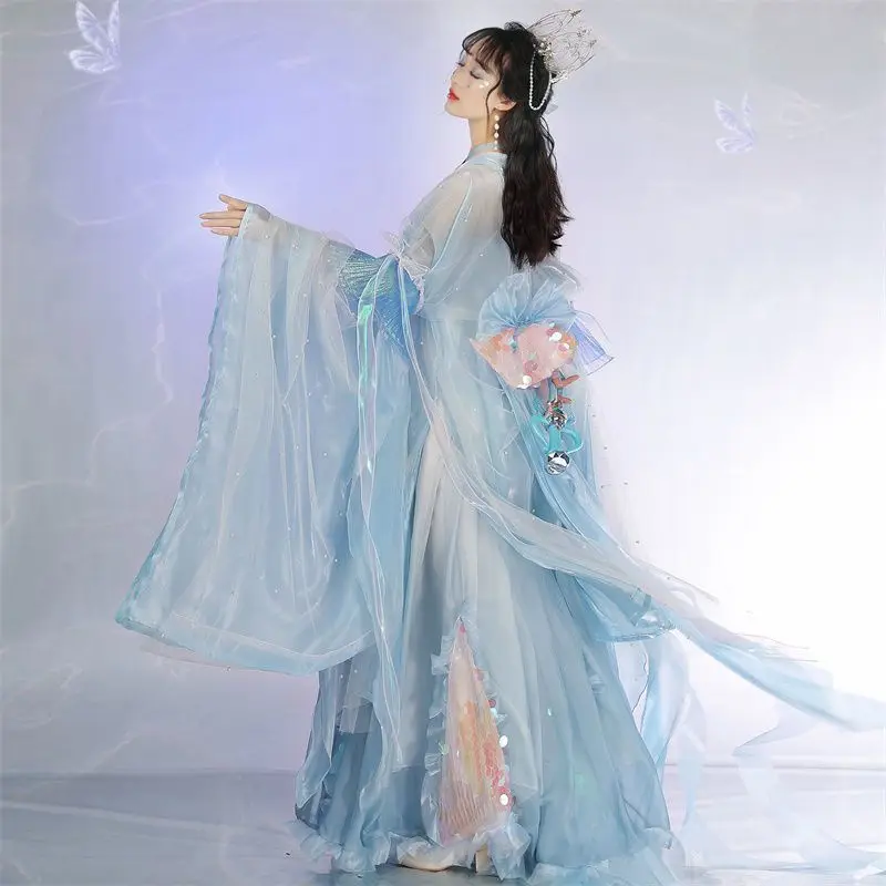 Hanfu Women Plus Size Ancient Chinese Hanfu Dress Female FairyCosplay Costume Stage Dance Dress Summer Hanfu Dress Gradient Blue