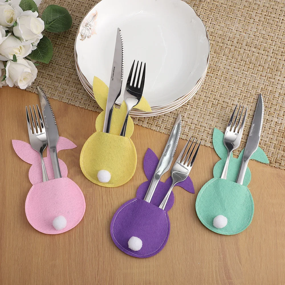 

Easter Bunny Knife and Fork Bag with Tail Cartoon Colourful Felt Knife and Fork Silverware Cutlery Storage Bag Table Decoration