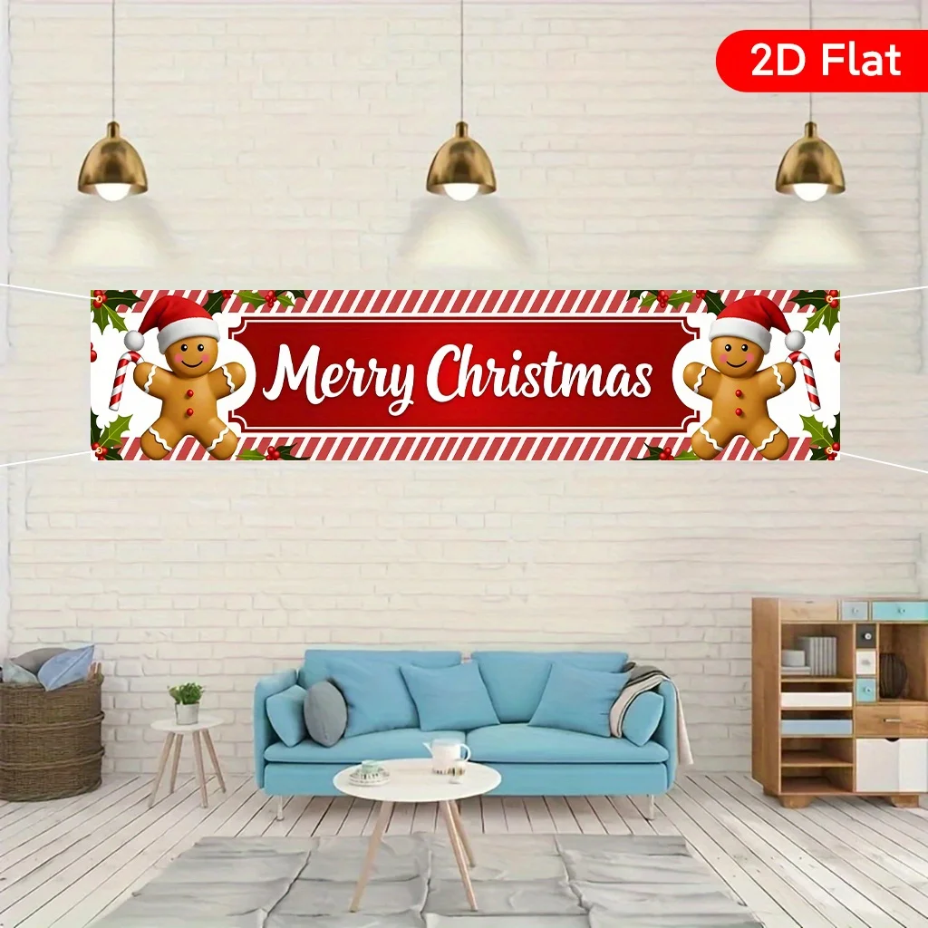 A 2D banner featuring two gingerbread men and a Christmas hat, with candy stripes and holly leaves. Made of durable polyester.ZL