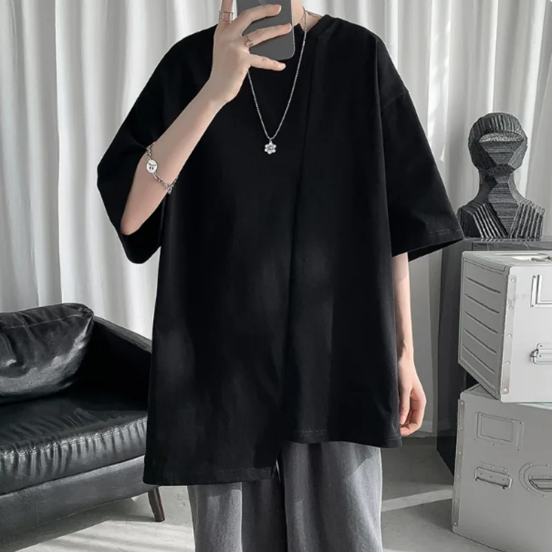 style irregular short-sleeved men's design-sense fashionable and cool small-scale dark-themed pure cotton t-shirt with