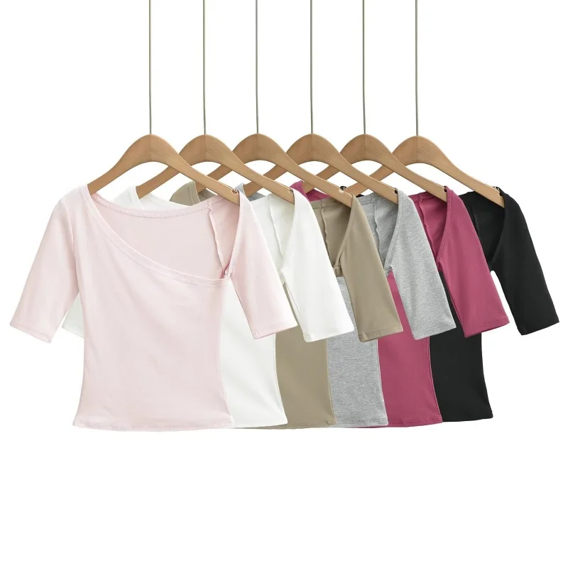 Ins Influencer Style Asymmetrical Slant Collar Mid-Sleeve Women's T-Shirt Slimming Illusion Fake Two-Piece Design Unique Top