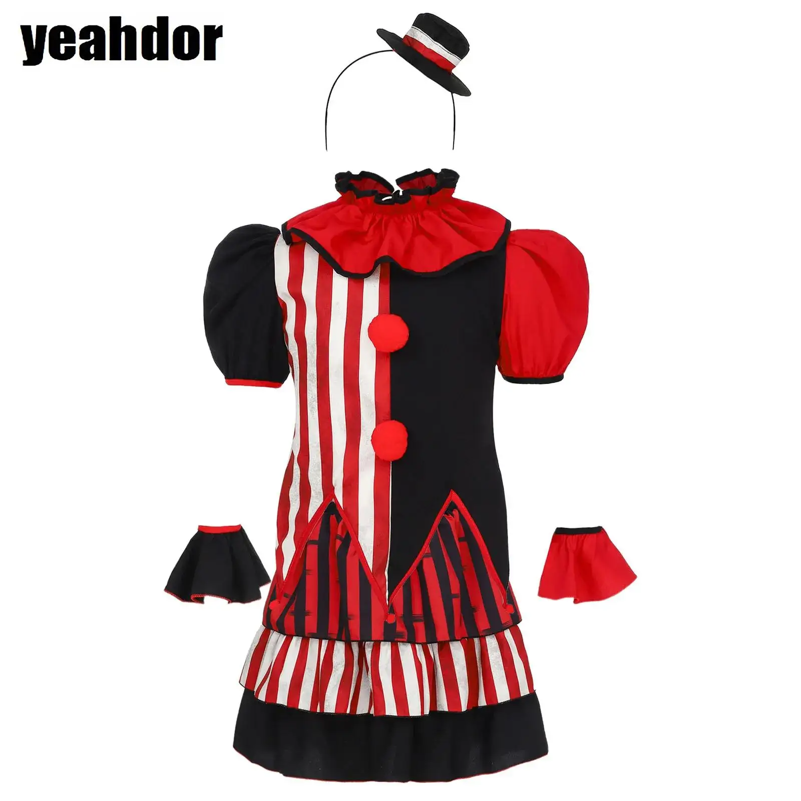 

Girls Clown Costume Short Sleeve Puff Shirt Top Layer Ruffle Skirt Carnivals Stripes Suit Halloween Funny Circus Party Dress Up