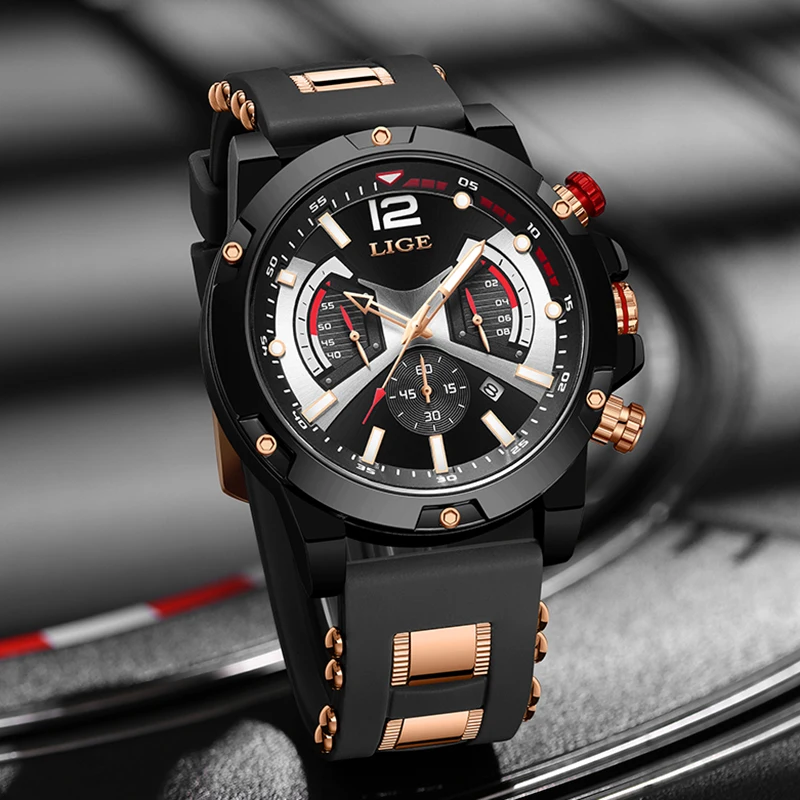 LIGE 2024 New Fashion Silicone Watch For Men Business Military Sports Men\'s Quartz Wristwatches Waterproof Date Chronograph Male