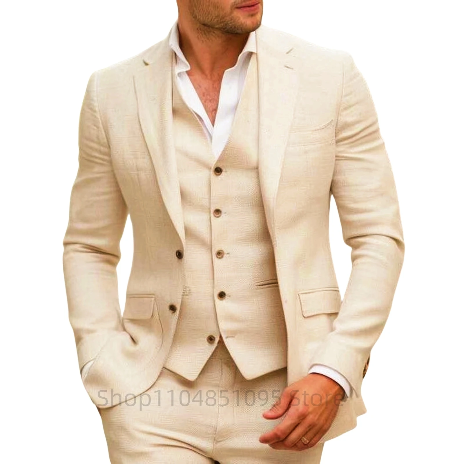 Abito in lino beige/blu per uomo 3 pezzi Slim Fit formale smoking da ballo di nozze Set Best Man Sposo Costume estivo Homme Nuovo design
