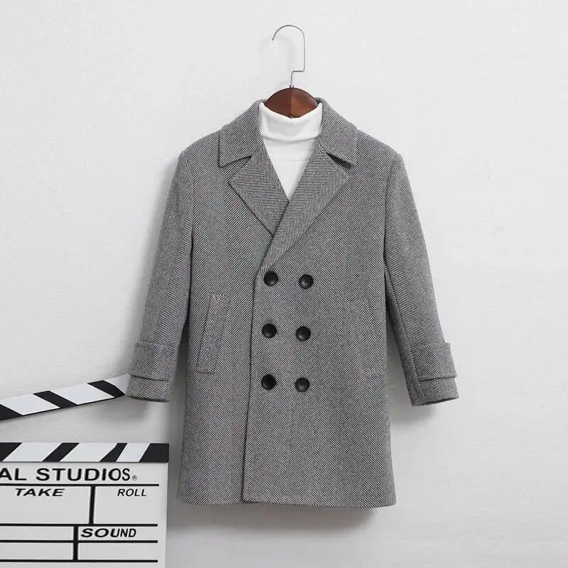 

Boys Woolen Coat Overcoat Jacket Windbreak Gray Warm Plus Thicken Autumn Winter Cotton Christmas Gift Children's Clothing