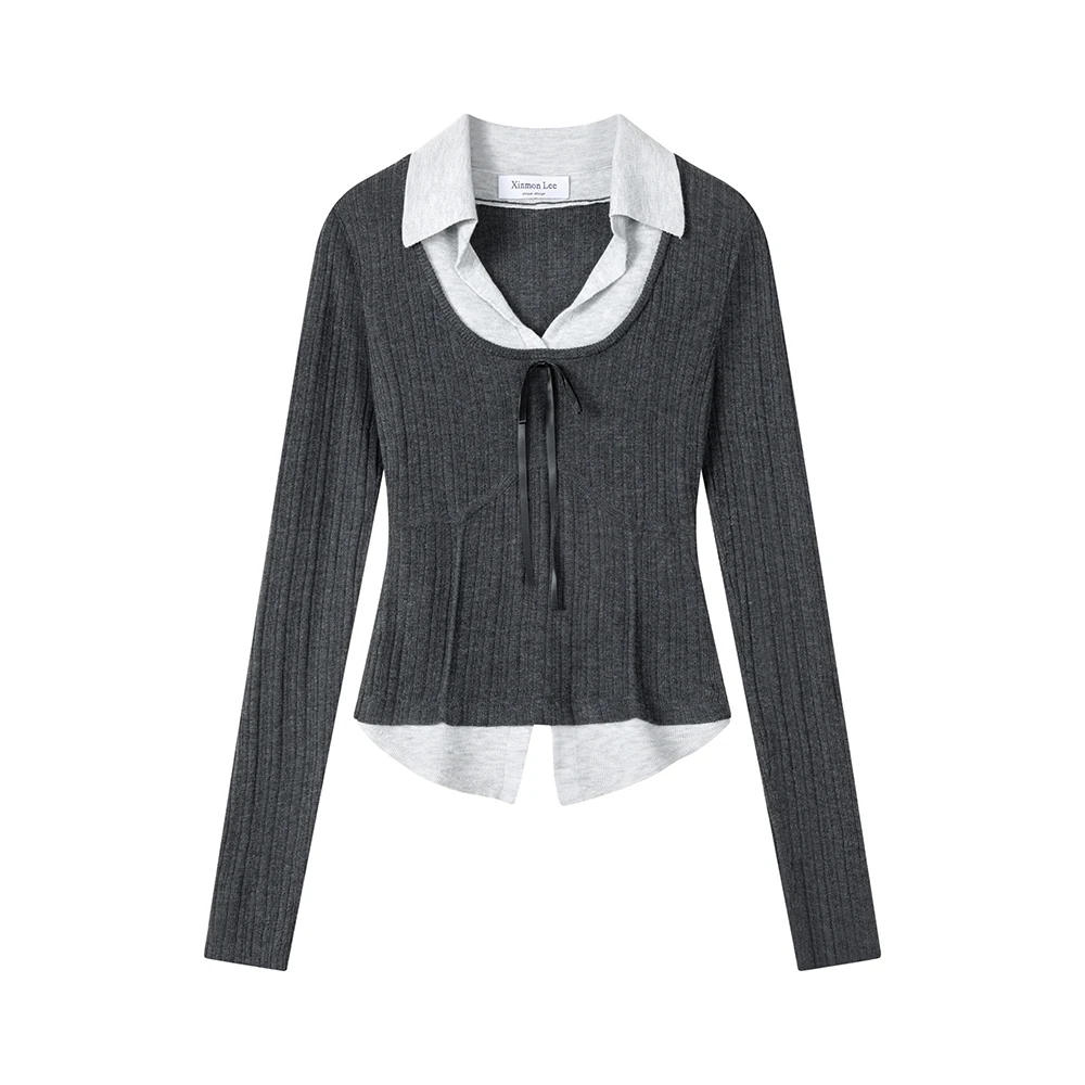 딥 그레이 빈티지 플래드 니트 셔츠 슬림핏 스플라이스 페이크 투피스 스타일 숏 기장 V넥 긴팔 여성 패션