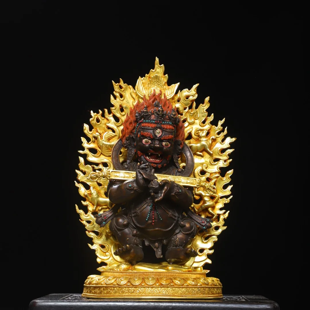 

18"Old Bronze Gilded Cinnabar Mahakala Station Buddha Backlit Buddha Platform Amitabha Worship Hall Town house