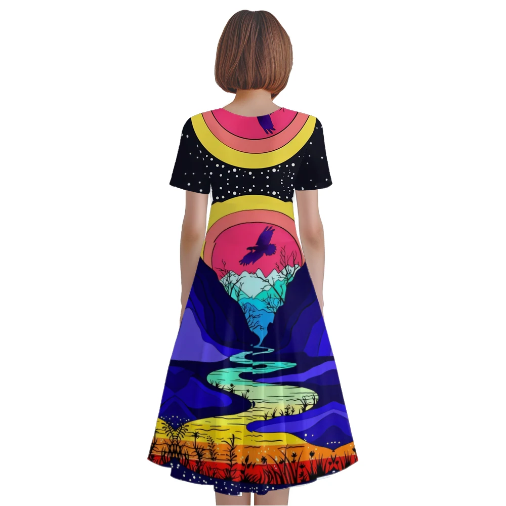 Summer Dress Fashion V Neck A-Line Dresses Women Landscape Print Dress Stylish Party Dresses Elegant Robe Trendy Girl Vestido