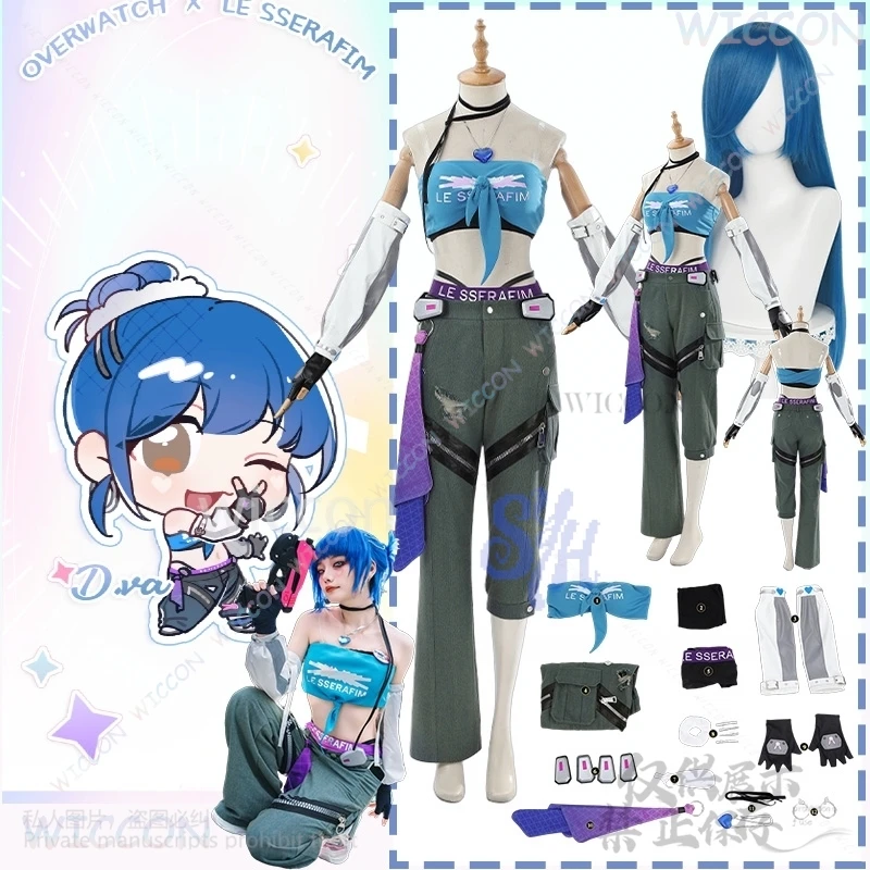

Dvaa Korea Kpop Girls Group Cosplay Anime Game Oww Costume Sexy Kawaii Y2K Blue Sleeveless Vest Pants Wigs Halloween Customized