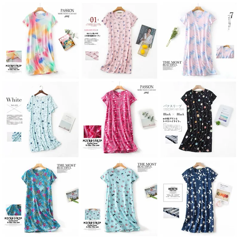 

Summer Printed Nightdress, Women's Plus Size Cartoon Cotton Loungewear, Knitted Short Sleeve Round Neck Sleepwear