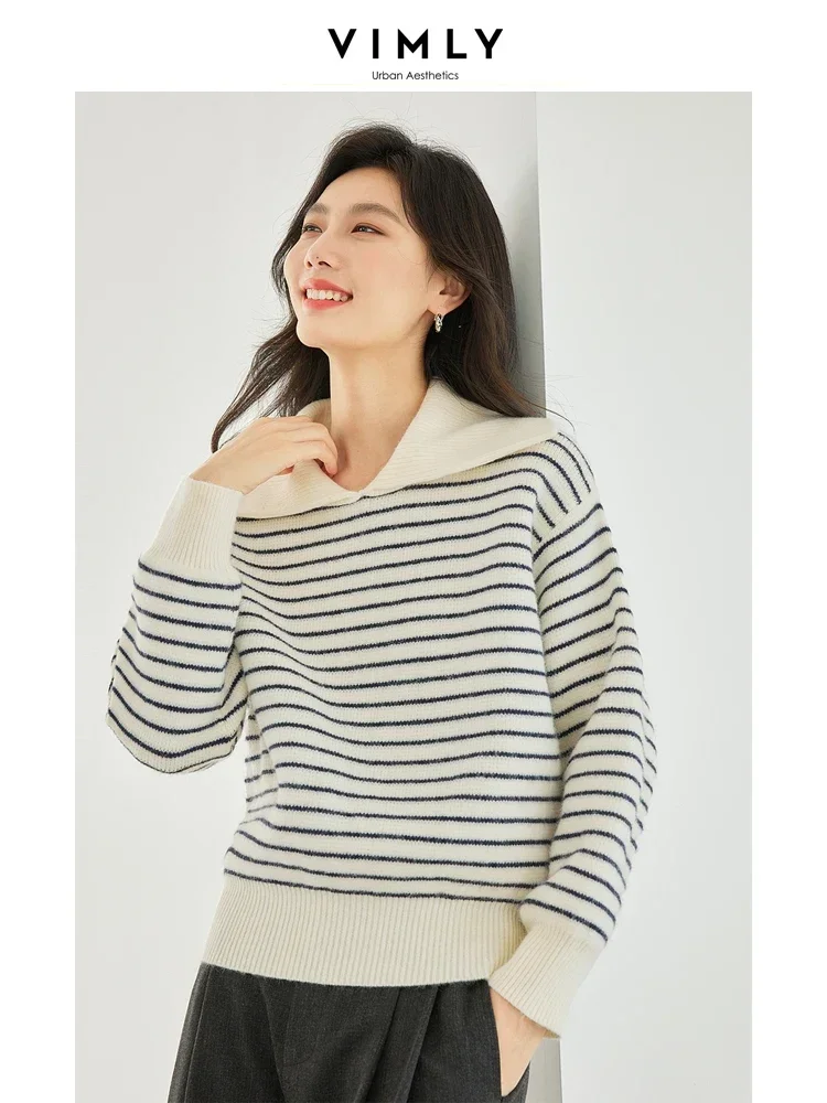 Vimly Women\'s Striped Sweater 2023 Winter New Thick Warm Long Sleeve Top High Strecth Lapel Pullover Casual Female Clothes 72528