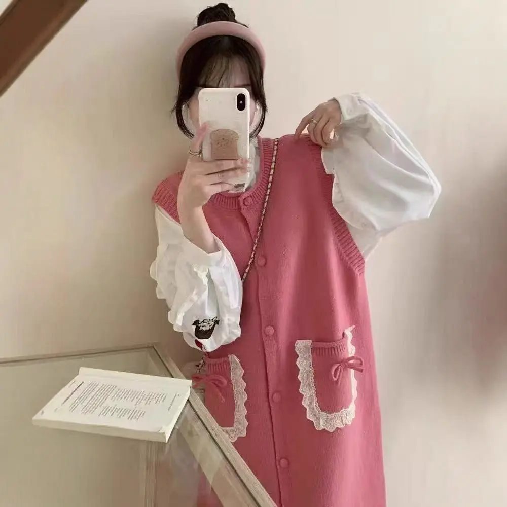 Vestidos de Punto sin Mangas para Mujer, Primavera, con Estampado de Lunares, Estilo Moricore, Manga Básica Envolvente, Abotonado, Combinado, Ropa Sólida, Tejido a Crochet