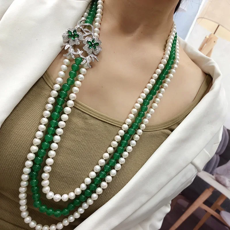 

3rows freshwater pearl white near round 7-8mm &green jade round necklace 80cm