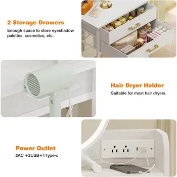 fixwal 白色小型梳妝台套裝,帶燈鏡和椅子,化妝櫃帶 2 個布藝抽屜,電源插座,緊湊型 8 最佳銷售 小梳妝台 - №4