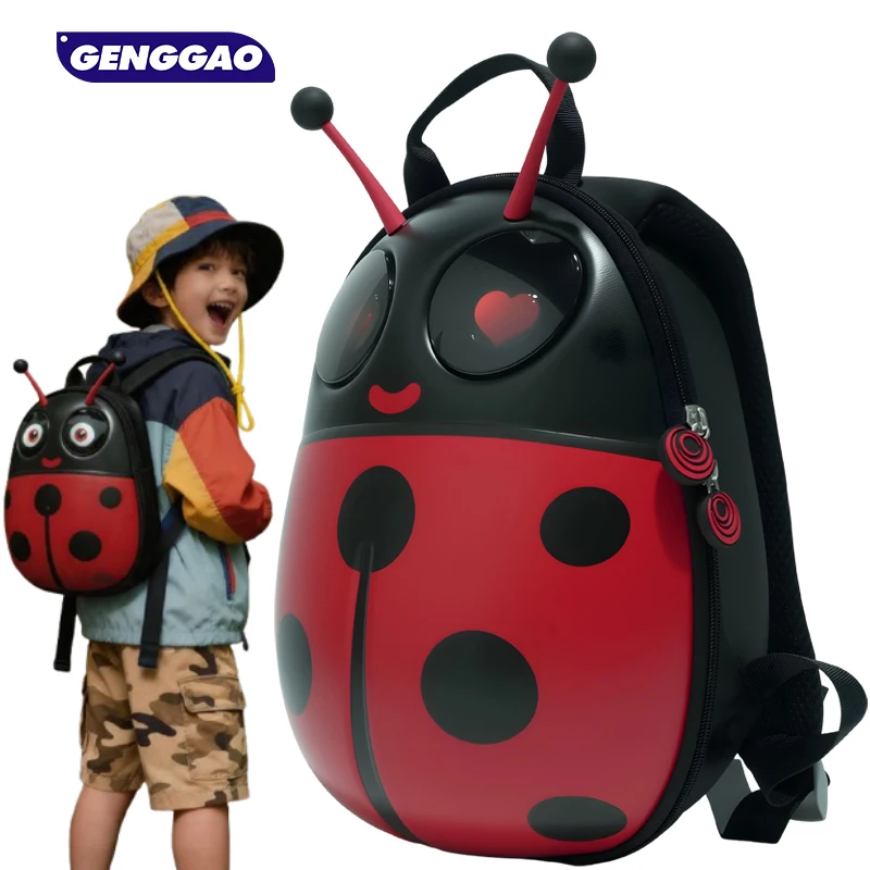 1PCS Waterproof Hard Shell Ladybug Backpack for Girls, Bluetooth Linked DIY Programmable Full Color LED Eyes Screen
