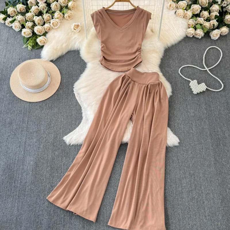 Summer Women Fashion New Solid Chic Pantsuit Vintage Casual Crop Tops Wide-Leg Pants Two Pieces Set Female Clothes New Outfits