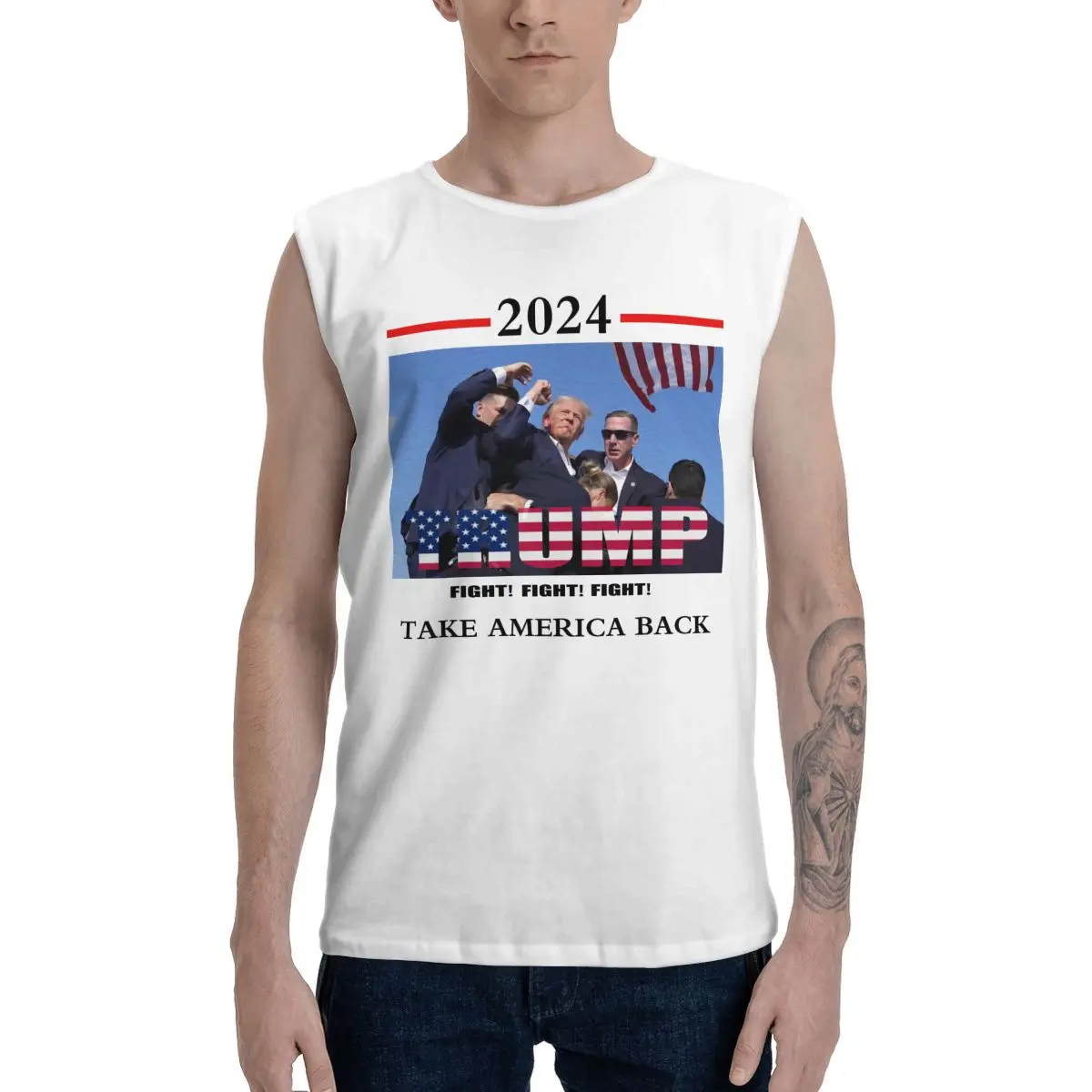 

Sleeveless T-Shirt Donald Trump 2024 Men Women, Crew Neck Tank Top President Trump Take USA Back Election Fighting614381978