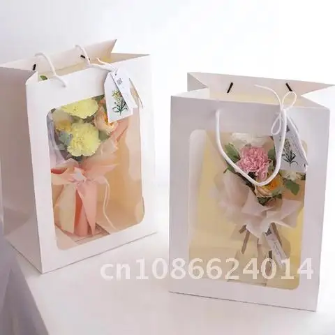 

Paper Gift Bags with Handle Transparent Window Ins Flower Packaging Bag New Year 2022 Wedding Valentine's Day Gift Packaging Box