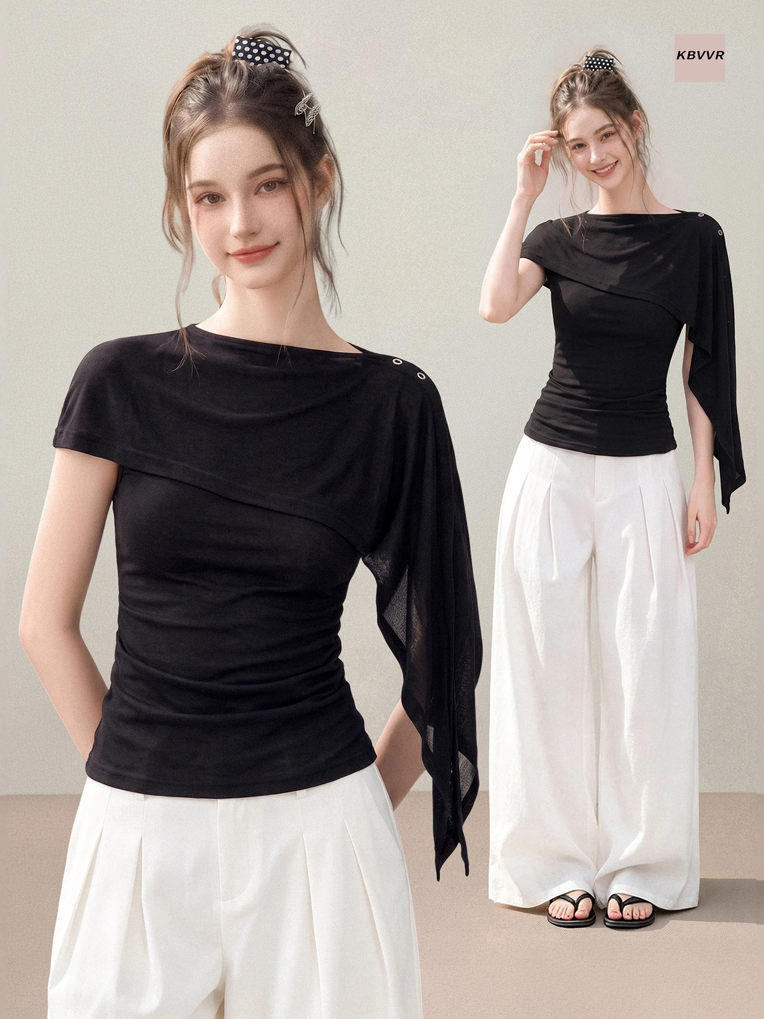 Black Cloak Shoulder Length Short Sleeve T-Shirt Women's Summer Design Sense Sash Slimming Short Style Right Shoulder Top