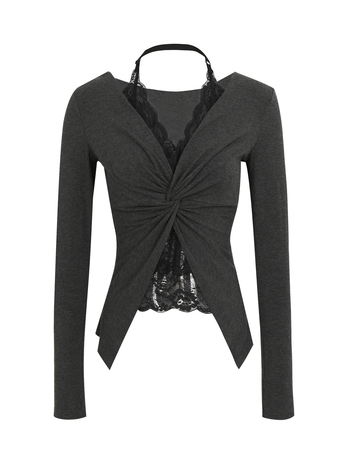 Red Celebri Long Sve Base irt Damen 2025, neues Initial-Herbst-koreanisches SLE-Spitzen-T-Shirt, gefälschtes zweiteiliges Spicy Girl-Top