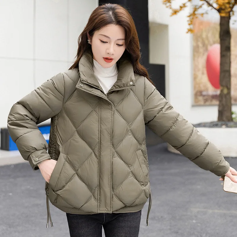 Women's Short Winter New Style Diamond Grid Fashion Cotton Jacket Loose Warm Parkas