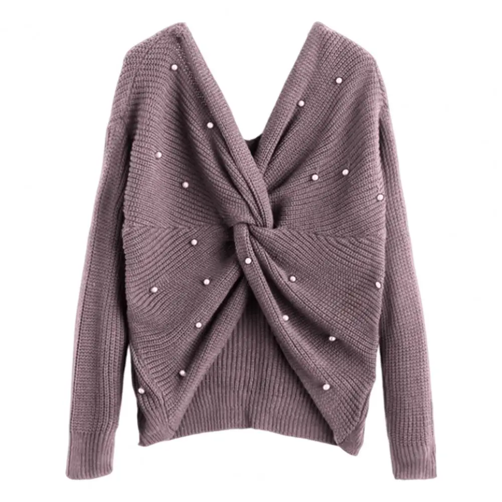 

Women Sweater V-Neck Long Sleeve Ribbed Thick Back Criss Cross Beading Knitted Pullover Female 가을 여성 의류