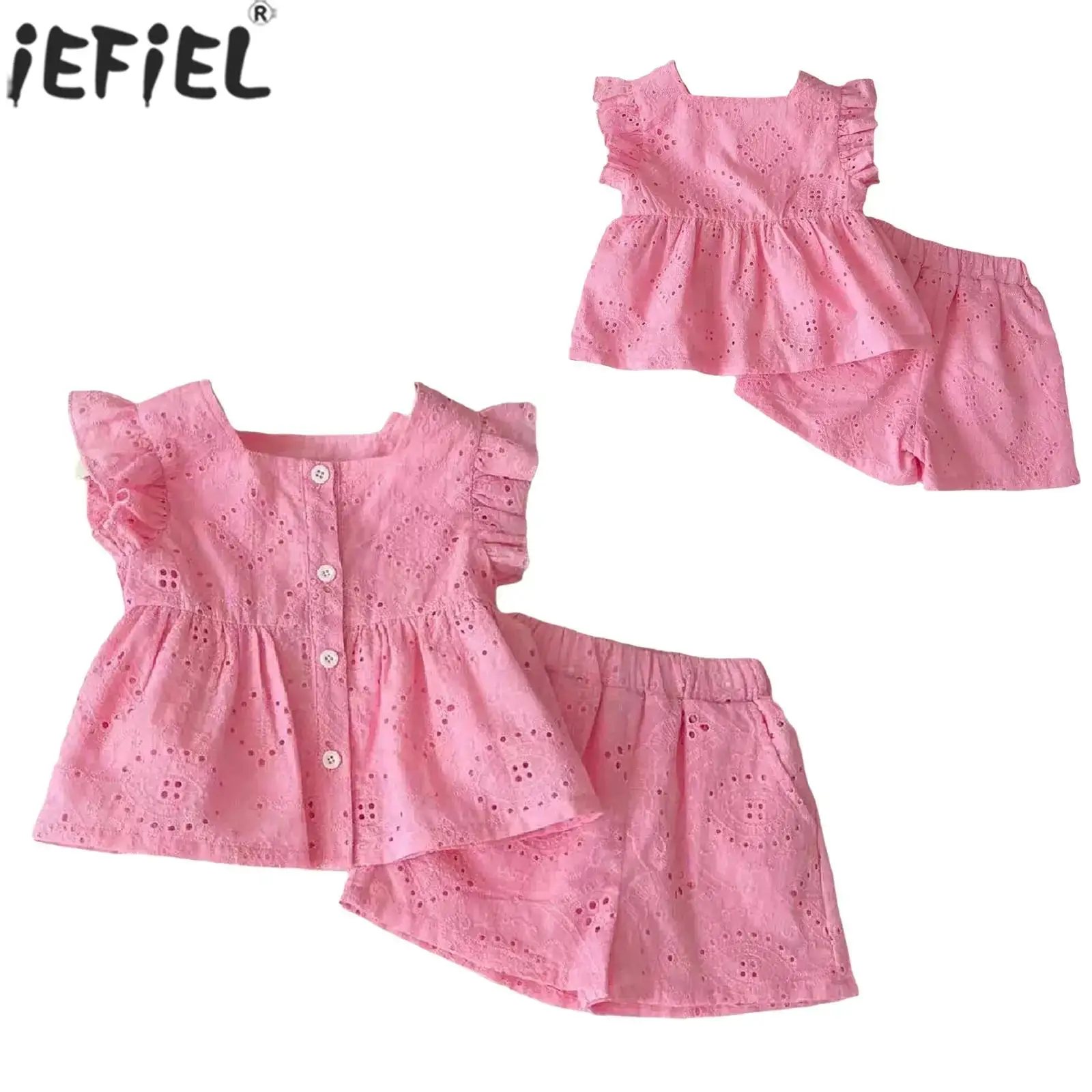 

Kids Baby Girls Ruffled Sleeve Tops with Shorts Summer Sweet Korean Style Casual Outfit for Daily Party School Holiday Home Wear