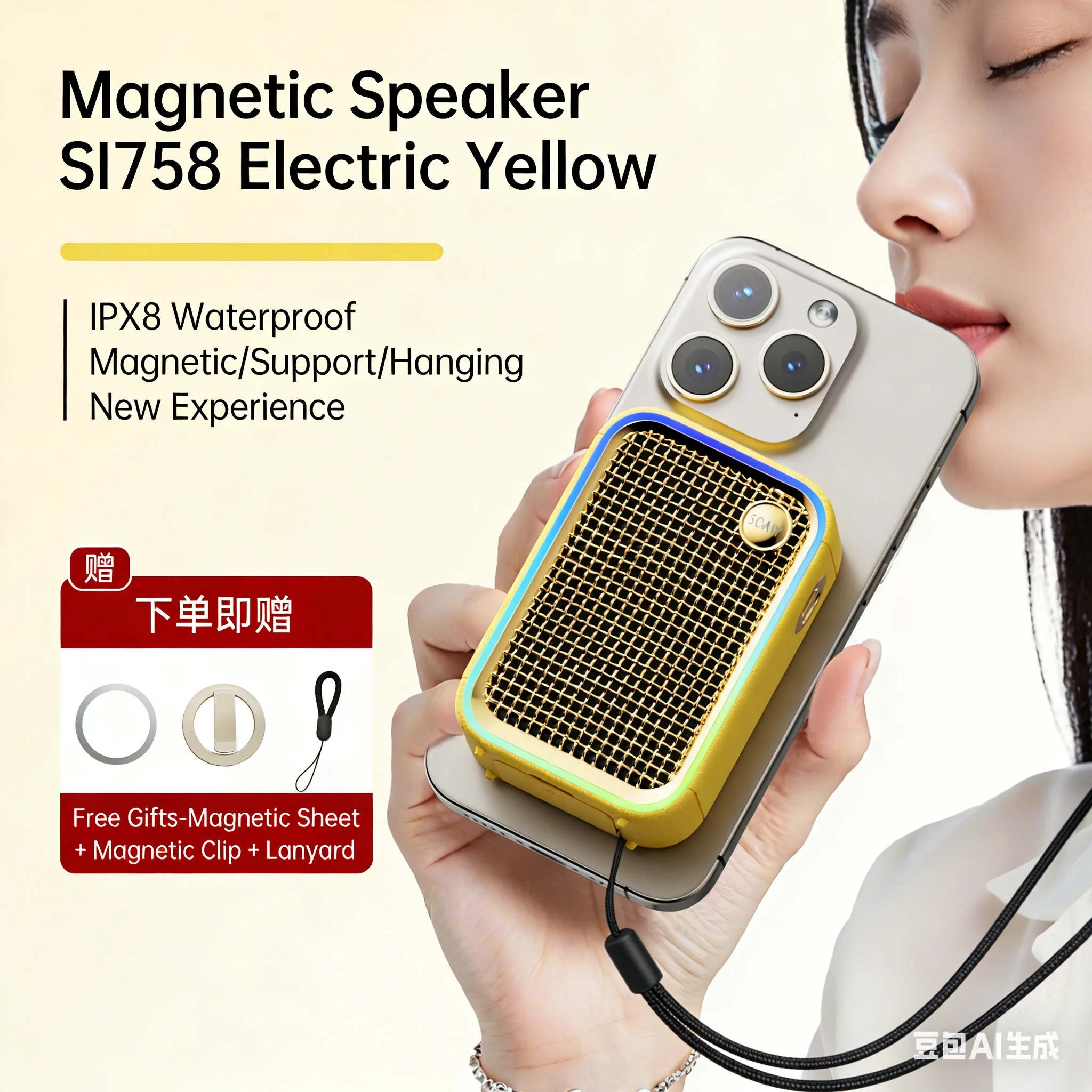 

Портативная беспроводная Bluetooth-колонка с магнитной адсорбцией — водонепроницаемость IPX8, время воспроизведения 10 часов, RGB-подсветка, мини-колонки для кемпинга