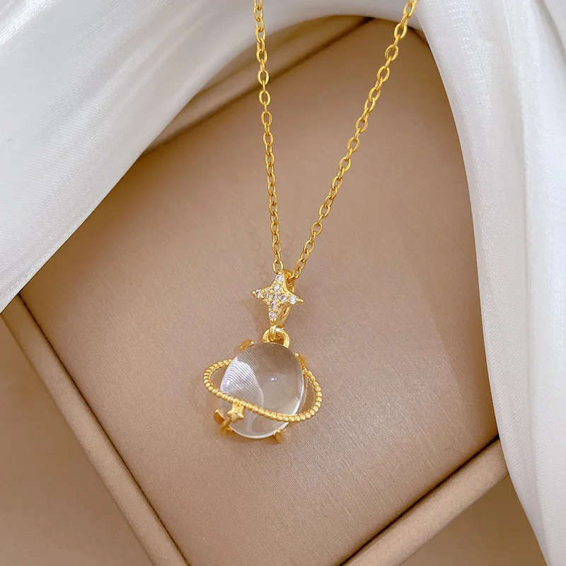Fashionable Luxury Cat's Eye Galaxy Pendant Women's Accessory Versatile Stainless Steel Minimalist Design Choker Necklace