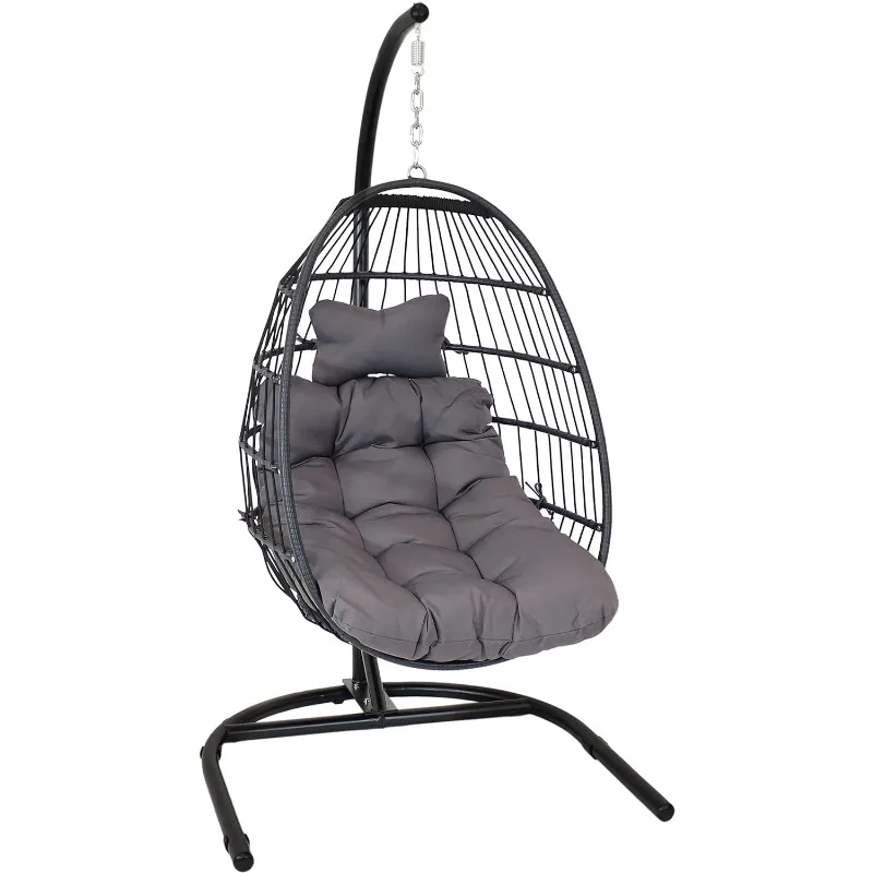 

Julia Hanging Egg Chair with Gray Cushions - Black Polyethylene Wicker Frame with Steel Stand