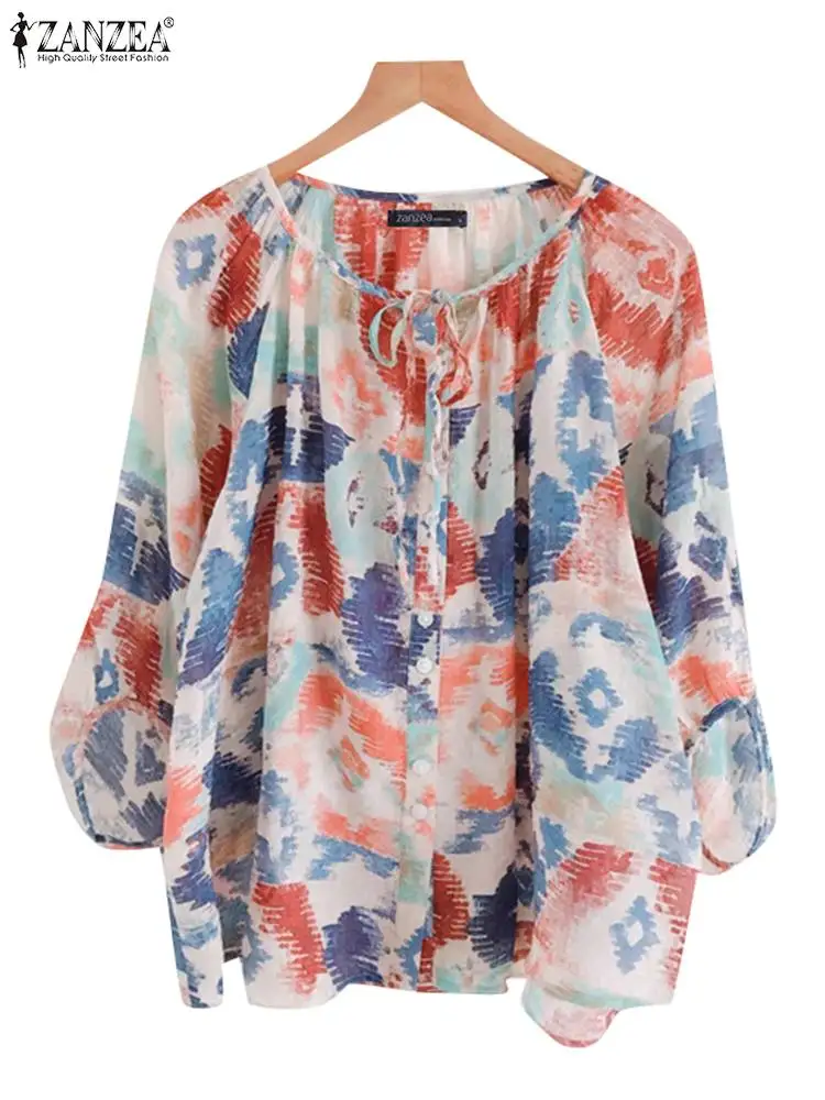 2024 ZANZEA Women Bohemian Floral Printed Blouse Autumn Shirt Fashion Lace Up Holiday Tops Tunic Casual Loose Party Blusas Mujer