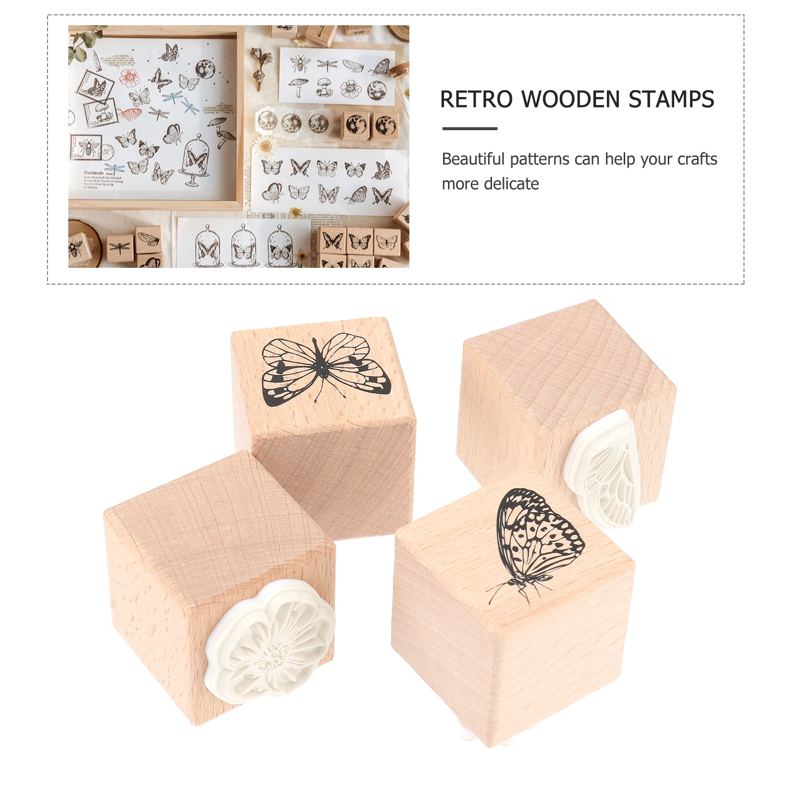 

4pcs Wooden Butterfly Decor Rubber Seal for DIY Scrapbook Photo Album Cards Craft Supplies Storage Containers