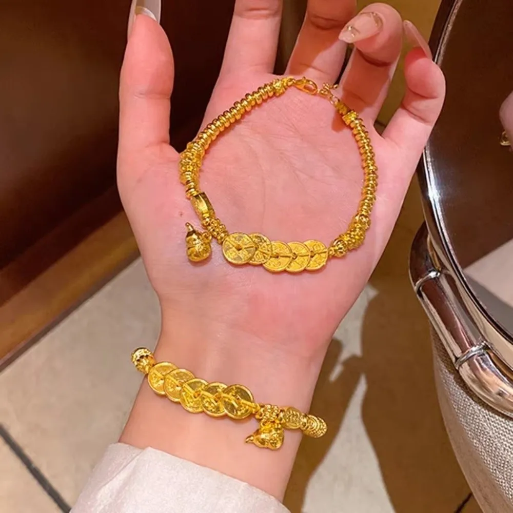 Retro Brushed Finish Coin Pendant Bracelet Gold Color Jewelry Gift Gourd Bracelet Exquisite Bead Bracelet For Women