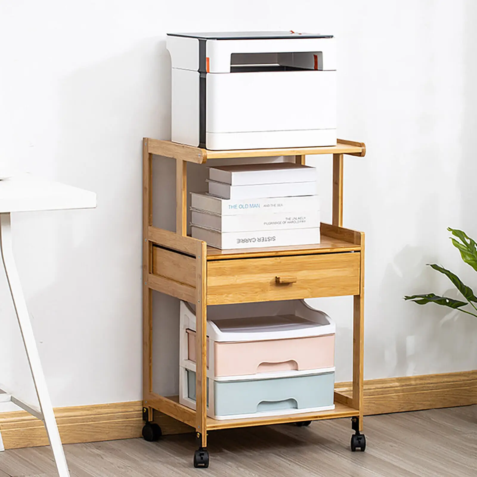 

3 Layers Portable Bamboo Printer Stand Wood Rolling Printer Cart with Storage Rack Wheels Projector Cart Bookshelf Coffee Table