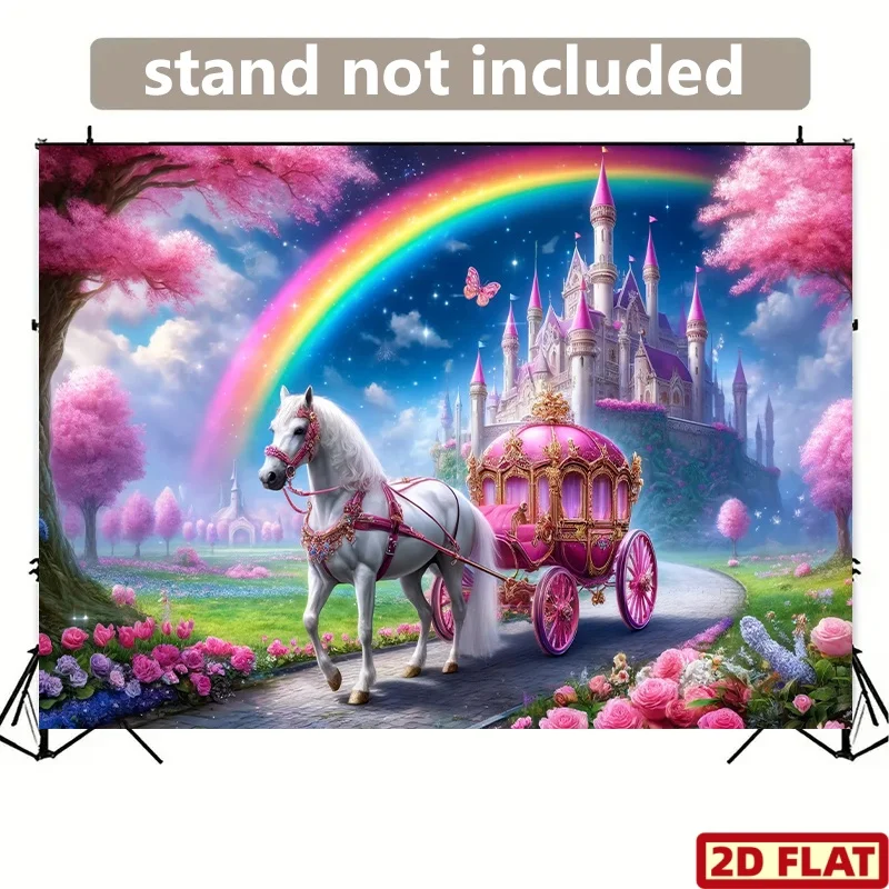 2D Flat - 1pc Fairy Tale Castle Backdrop Banner | Vibrant Rainbow Pink Castle Design with White Horse Carriage, Butterflies,