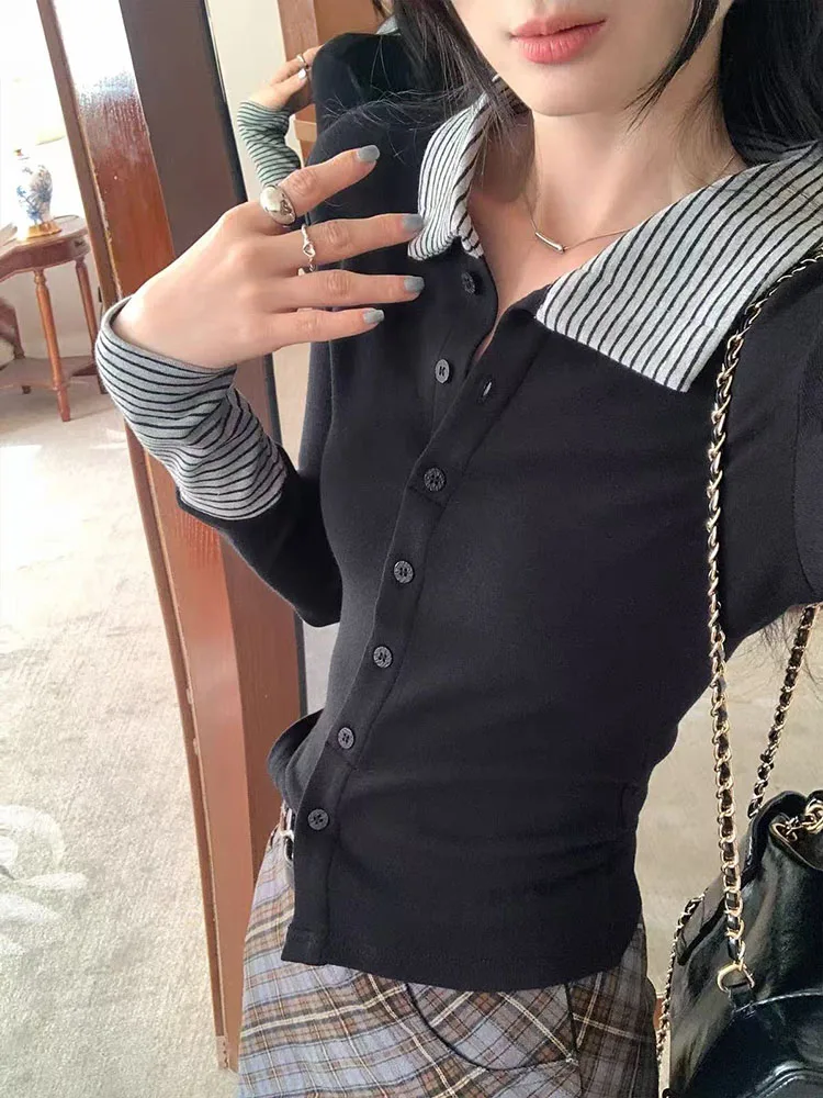 Striped Patchwork Lapel T Shirt Women Y2K Autumn Korean Slim Long Sleeve Tops Harajuku Streetwear Fake 2 Piece Female Tees New