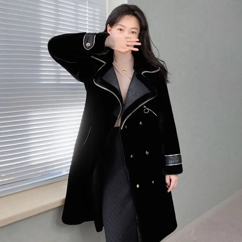 

Black High-end Fur Integrated Women's Woolen Jacket Spring New Mid-length Loose Imitation Mink Thick Coat Temperament Faux Fur
