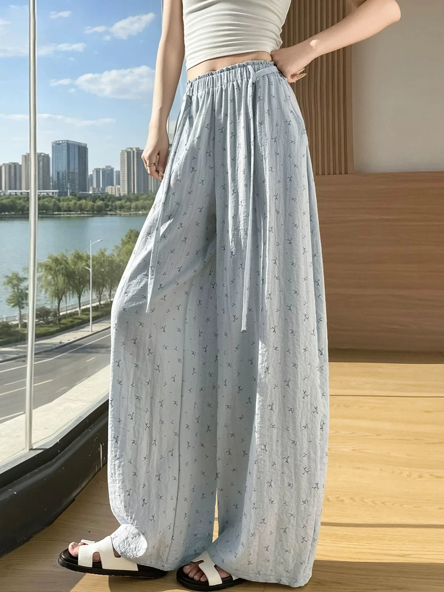 Blue Ice Silk Linen Floral Wide Leg Knife Pants Women Summer Thin High Waist Drape Loose Straight Casual Trousers