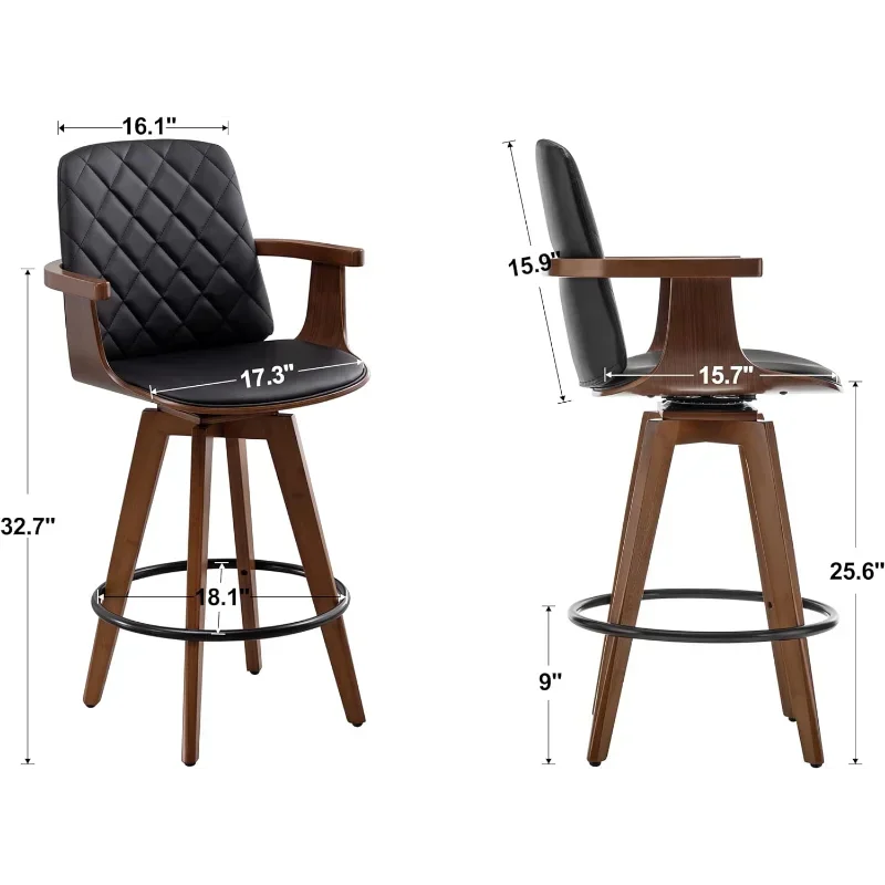 Bar Stools Set of 2, Upholstered Faux Leather Counter Height  Stools, Swivel stools with Wooden Arms and Legs, 25.6