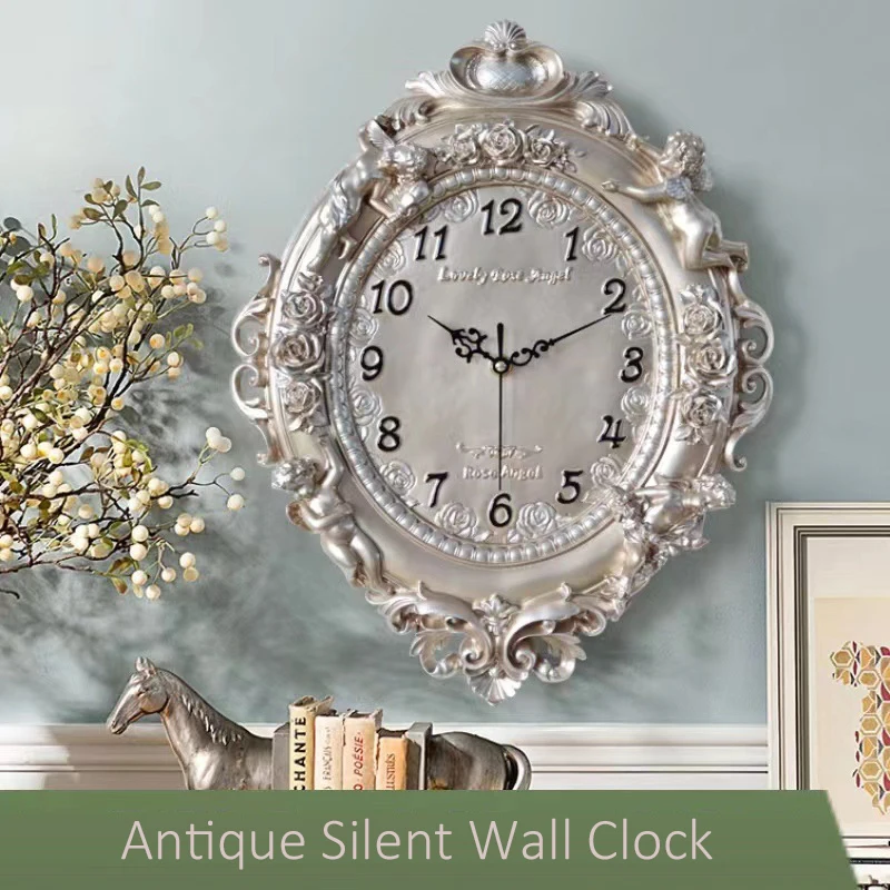 Antique Silent Wall Clock Cherub Cupid Rose Flowers Vintage Decorative Non-Ticking Quartz Clock Romantic Wall Watch for Bedroom